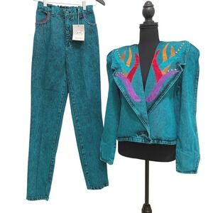 NEW Vintage Opal‎ Denim Leather Set Jeans & Jacket Turquoise Acid Wash 80s 90s